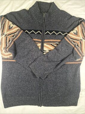 Stetson Charcoal Gray Zip-Up Sweater with Tan & Cream Geometric Trim